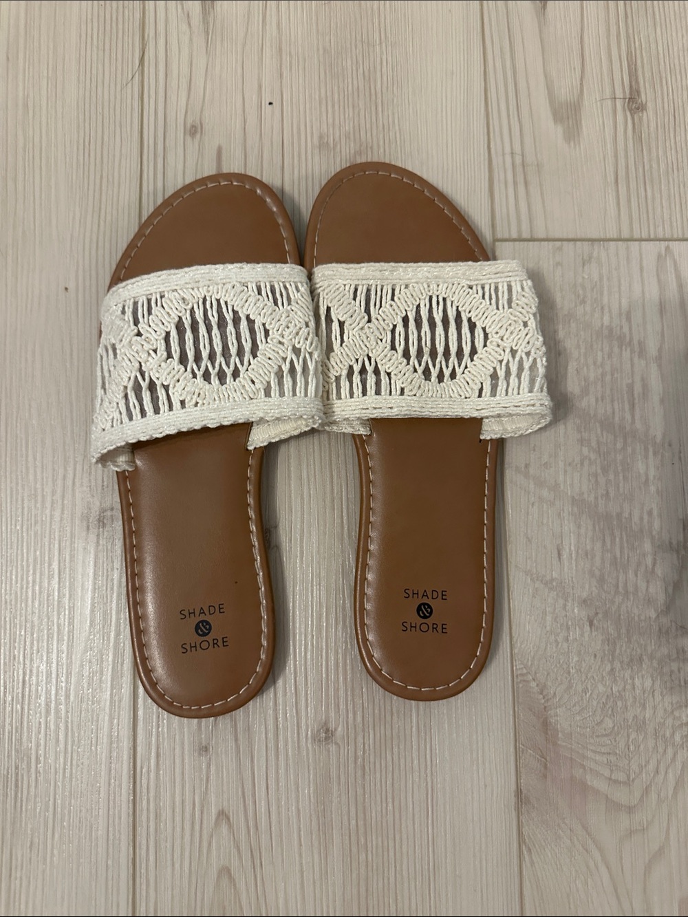 Shade & Shore Cream Macramé Slide Sandals with Tan Footbed